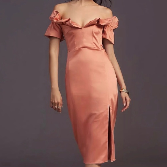 Anthropologie Dresses & Skirts - Anthropologie Ruffled Off-The-Shoulder satin midi dress women’s Sz XL‎